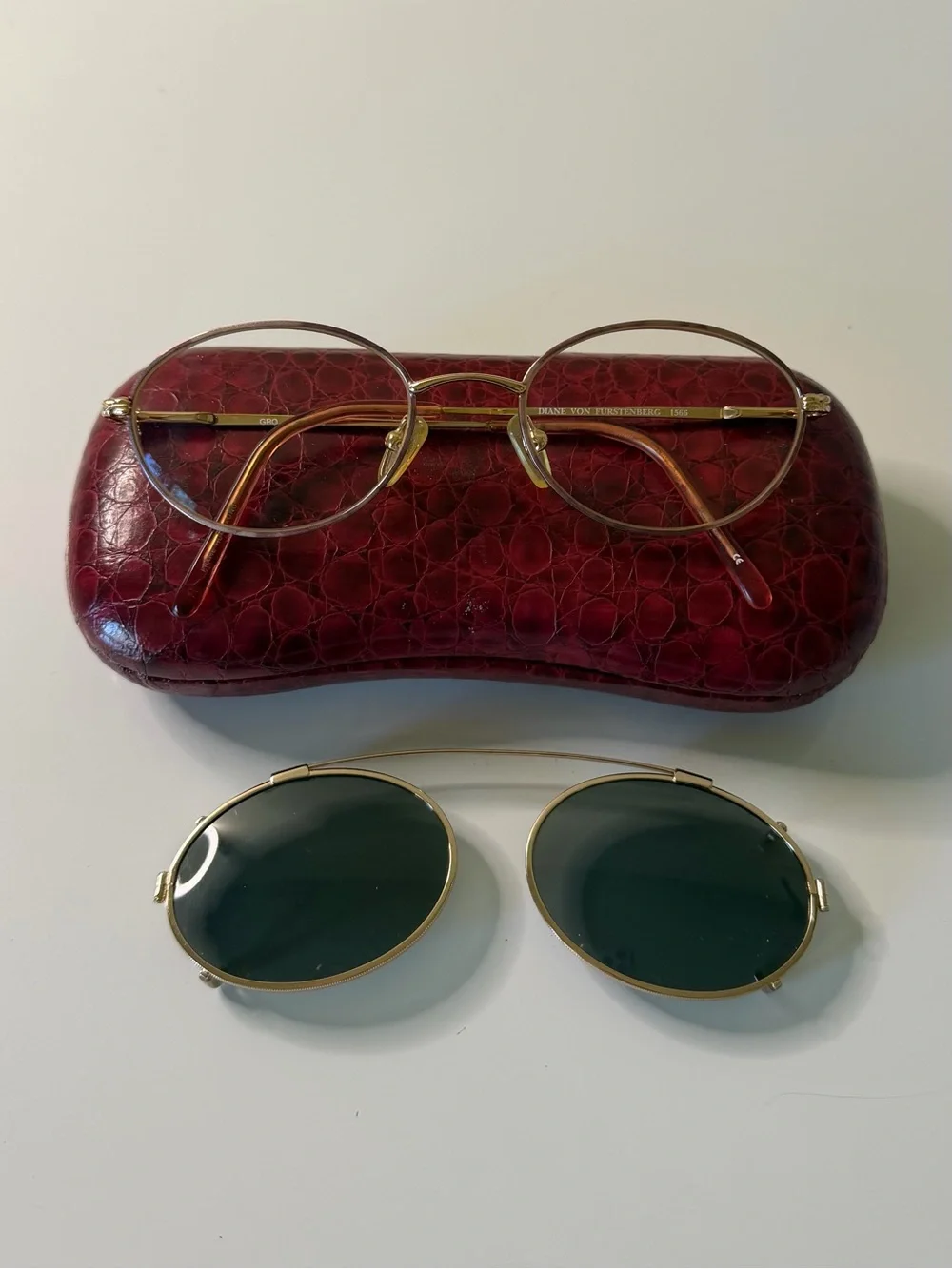 Diane Von Furstenberg Vintage Gold Round Frames with Clip-On Sunglass Lenses